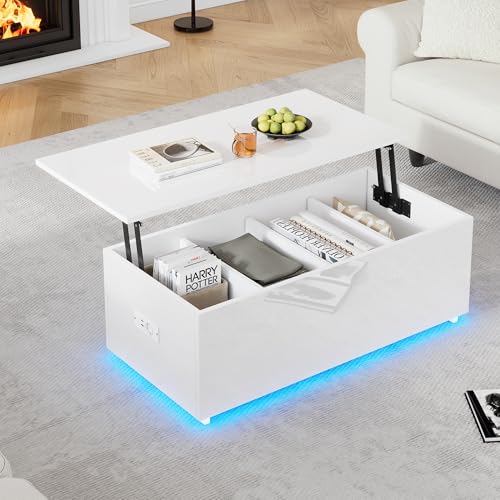 Dalred Moderner weißer Hochglanz, 100×50×35 cm-Couchtisch mit LED-Beleuchtung und verstecktem Stauraum - Beistelltisch mit hydraulischem Hub, 40 kg belastbar (weiß) von Dalred