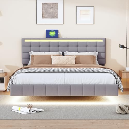 Dalred Polsterbett 160x200 cm, gepolsterter Schwebebettrahmen mit LED-Leuchten und Kopfteildesign, flächiges Doppelbett-Gästebett in hautfreundlichem Leinen (grau) von Dalred