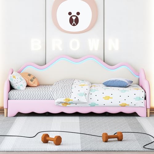 Dalred Polsterbett 90(180)*190cm, 2-in-1 Multifunktions-Schlafsofa, Kinderbett aus Kunstleder mit LED-Beleuchtung, mit Lattenrost (rosa) von Dalred