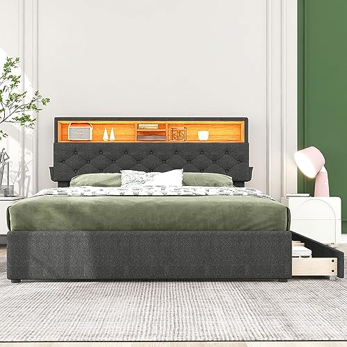 Dalred Polsterbett Stauraum-Kopfteil Bett mit Aufladen USB und LED-Beleuchtung, Funktionsbett mit Zwei Schubladen, Verstellbares Kopfteil, 140x200cm (grau) von Dalred