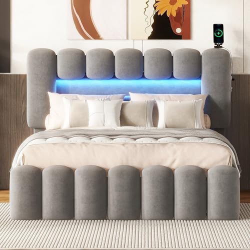 Dalred Polsterbett mit 4 Schubladen, Polsterbet Bett mit LED-Lichtleiste mit USB und Stereoanlage, 140x200cm (Grau) von Dalred