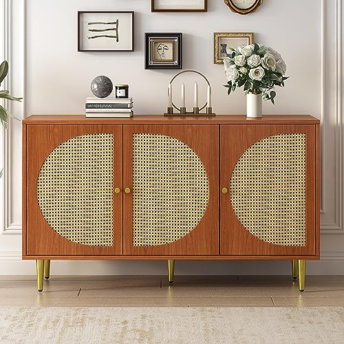 Dalred Sideboard mit 3 Rattan verzierten Türen Kommode Highboard mit Metallgriffe, für Schlafzimmer & Wohnräume & Büro, Nussbaum 129.8X 40x 76cm von Dalred