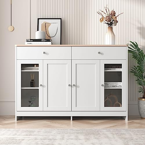 Dalred Sideboard mit weißer Holzmaserung, Vier Türen, mit Zwei Schubladen, Tür mit Glas. Wohnzimmer, Esszimmer. Holzfarbe und Weiß von Dalred