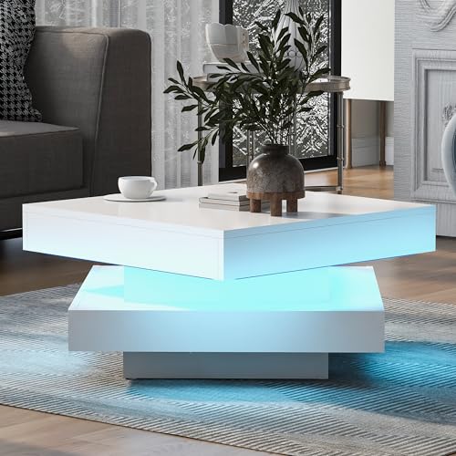 Dalred Weißer quadratischer Hochglanz, Couchtisch mit drehbarer Platte, Moderner Techno-Stil mit 16-farbigem LED-Licht, 70x70x36 cm von Dalred