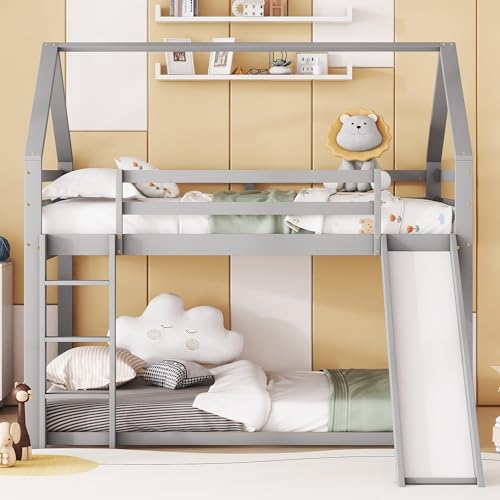 Doppelbett Kinderbett Hausbett Etagenbett mit Rutsche und Leiter, Kinderzimmer Hoch-Doppel-Stockbett (grau-2) von Dalred