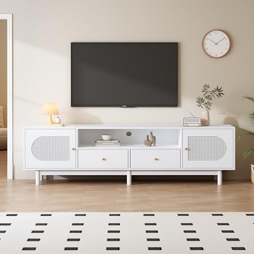 Eleganter 180 cm Langer TV-Ständer aus weißem Rattan für 80-Zoll-Fernseher - Kabelführung, 2 Türen, 2 Schubladen, TV-Ständer von Dalred