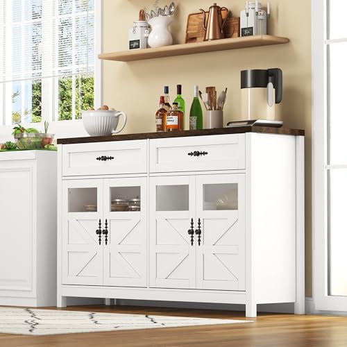 Esszimmer-Sideboard mit Stauraum, Esszimmer-Sideboard-Kaffeebar im zeitgenössischen Stil, 140 cm langes Buffet mit 4 Türen und 2 großen Schubladen (weiß 1) von Dalred
