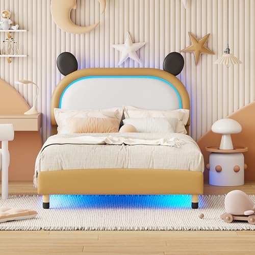 Kinderbett Polsterbett 140 * 200 cm, mit LED-Beleuchtung, flaches Bett aus zweifarbigem Kunstleder, verstellbares Kopfteil, Doppelbett Jugendbett, flaches Bett mit Lattenrost von Dalred