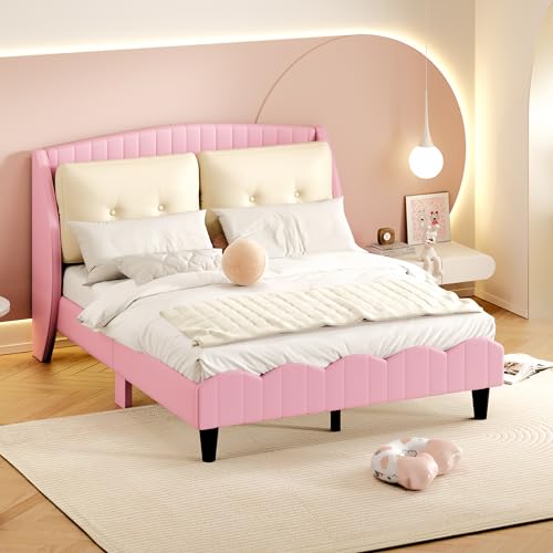 Kinderbett Polsterbett 140x200 cm mit Lattenrost, Rückenlehne und Zwei großen Kissen, Doppelbett aus PU-Leder, geeignet für Erwachsene und Jugendliche (rosa) von Dalred