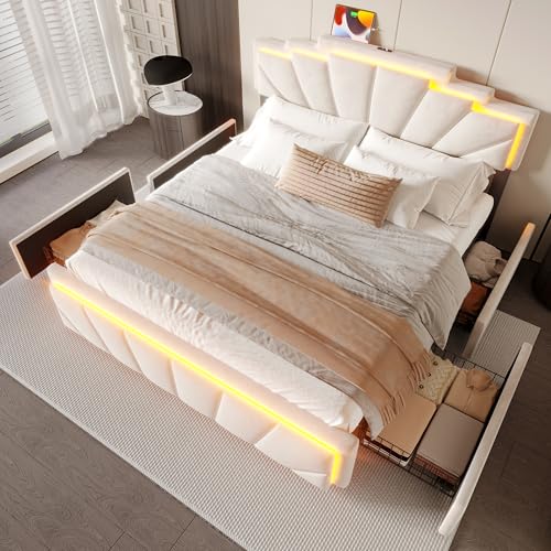 Modernes Polsterbett 160x200cm Elegantes Design mit einzigartigem trapezförmigem Kopfteil,integrierter LED-Lichtleiste & 2-facher Höhenverstellung,USB Type-C Anschluss(Beige) von Dalred