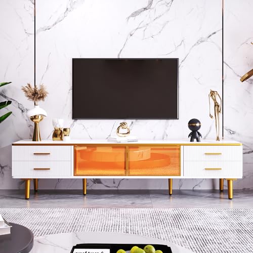 TV Schrank in Mamoroptik, Fernsehschrank mit 4 Füßen, 4 Strukturierte Schubladen mit Goldenen Griffen und zwei Braune Türen aus Gehärtetem Glas, Modernes TV-Lowboard für Wohnzimmer, 170*37*47,5cm von Dalred