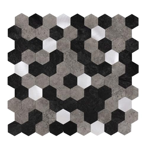 Wandpaneele selbstklebend, Hexagon Muster 0,88m², 11 Stück Schwarz Grau Silber Wandverkleidung feuchtigskeitsbeständig, Premium Qualität für Bad und Küche von Dalsys