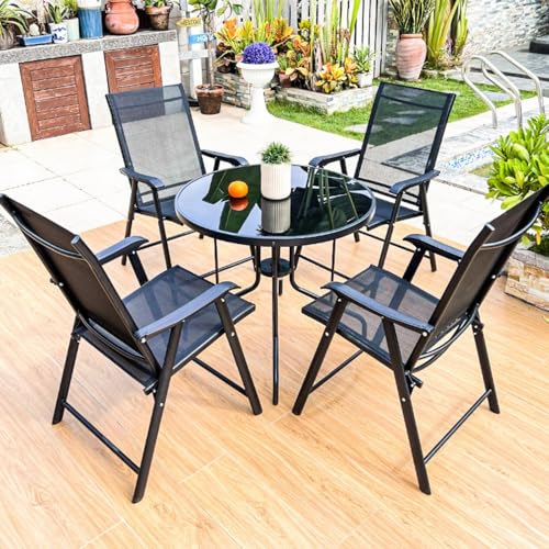5-teiliges Gartentisch- und Stuhlset, Terrassen-Essgruppe mit runder Tischplatte aus gehärtetem Glas, 4 Stühlen, großes Esszimmermöbelset für Veranda, Garten, Hinterhof, Poolrand, Deck(D:70cm) von Dalumian