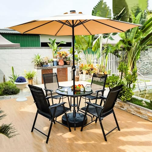 Dalumian 6-teiliges ESS-Set für den Außenbereich mit beigem Sonnenschirm, 4 Klappstühlen, 80 cm runder Esstisch mit Schirmloch, Tischplatte aus gehärtetem Glas, Möbel-ESS-Set für Veranda(No led) von Dalumian