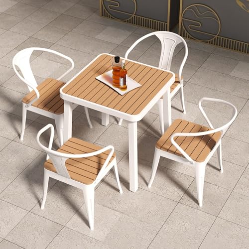 Dalumian Quadratischer Esstisch und Stühle, Terrassen-Essgruppe mit stapelbaren Stühlen, Tischplatte aus Kunststoff und Holz, moderner Außentisch für den Garten am Pool(White,4 Chairs) von Dalumian