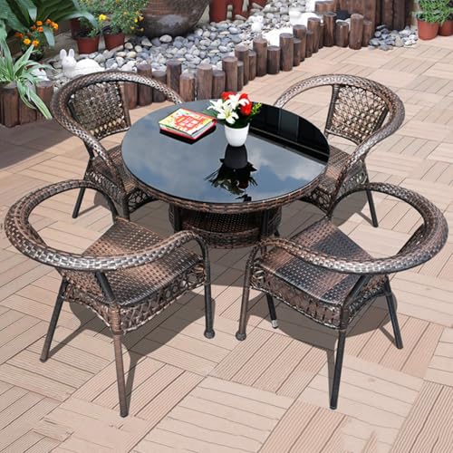 Dalumian Terrassen-Essgruppe mit Tisch aus gehärtetem Glas und 4 stapelbaren Rattanstühlen,3-teiliges Bistro-Set aus Korbgeflecht für die Terrasse Sitzgruppe den Außenbereich mit 4 Kissen(Round,90CM) von Dalumian