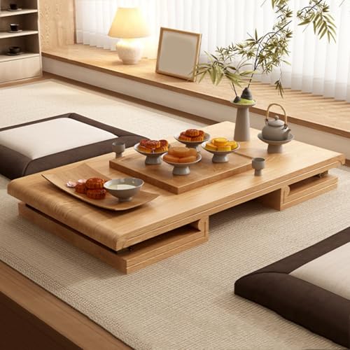 Japanischer klappbarer Couchtisch, Bodensitztische, niedriger Tisch aus Massivholz, Keine Montage erforderlich, große Teetische in der Mitte, Tatami-Esstisch für das Home Office(Wood,70cm) von Dalumian