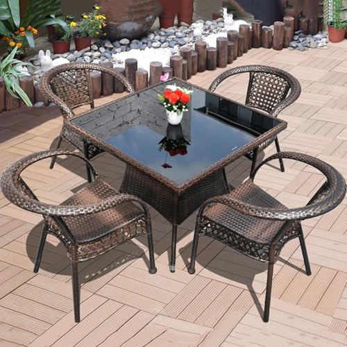 Terrassen-Essgruppe mit Tisch aus gehärtetem Glas und 4 stapelbaren Rattanstühlen,3-teiliges Bistro-Set aus Korbgeflecht für die Terrasse Sitzgruppe den Außenbereich mit 4 Kissen(Square,90CM) von Dalumian