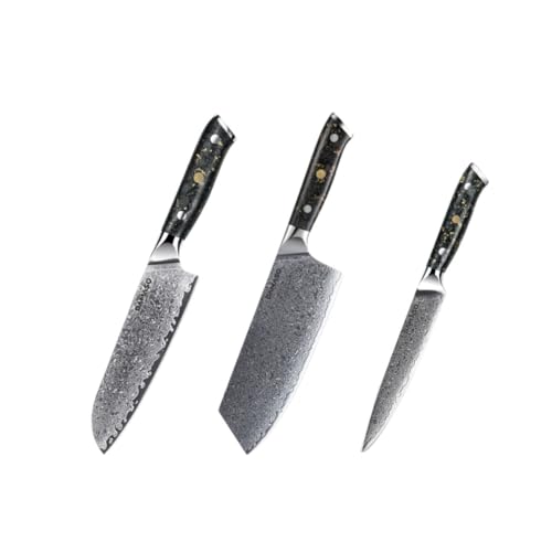 Damaso 3er-Damastmesser Set, Black Aurora Messerset Damast, Japanische Messer Set, Küchenmesser Set aus 67 Lagen Damaststahl von Damaso