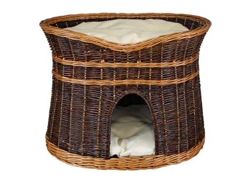 Katzenkorb zum Schlafen – Katzenhütte indoor – Größe L: 60 cm oval – Katzenhöhle aus Weide – Zweistöckiger Hunde – oder Katzenbett mit waschbaren Kissen in Ecru – Korb Farbe lackiert Weide von Damian-Wiklina