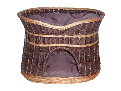 Katzenkorb zum Schlafen – Katzenhütte indoor – Größe XL: 70 cm oval – Katzenhöhle aus Weide – Zweistöckiger Hunde – oder Katzenbett mit waschbaren Kissen in Brown – Korb Farbe lackiert Weide von Damian-Wiklina