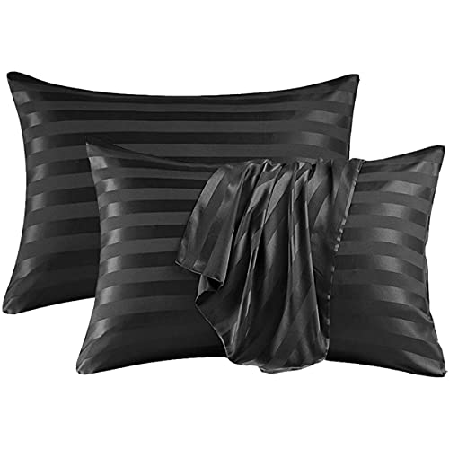 Damier 2er Pack Satin Kissenbezüge 80x80 Schwarz Damast Streifen Kissenhülle Microfaser Glänzend Seidig Kopfkissenbezug für Haar und Hautpfleg von Damier