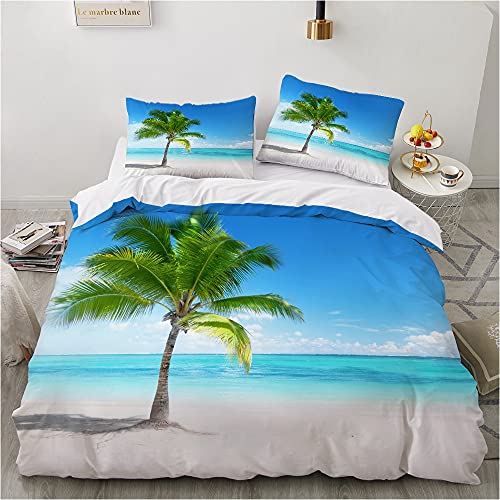 Damier Bettwäsche 135x200 4teilig Meeresmotiv Strand 3D Bettbezug Set Grün Blau Beach Bettwäsche Weich Mikrofaser Bettwäsche für Geschenke Zimmer Deko mit Reißverschluss und 2 Kissenbezüge 80x80 cm von Damier