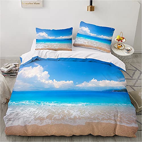 Damier Bettwäsche 135x200 4teilig Meeresmotiv Strand 3D Bettbezug Set Weiß Blau Beach Bettwäsche Weich Mikrofaser Bettwäsche für Zimmer Deko Geschenke mit Reißverschluss und 2 Kissenbezüge 80x80 cm von Damier