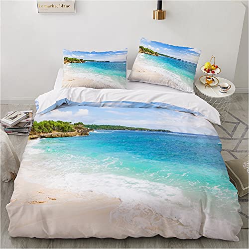 Damier Bettwäsche 135x200 4teilig Meeresmotiv Strand 3D Bettbezug Set Weiß Blau Ozean Beach Bettwäsche Weich Mikrofaser Bettwäsche für Teenager Geschenke mit Reißverschluss und 2 Kissenbezüge 80x80 cm von Damier