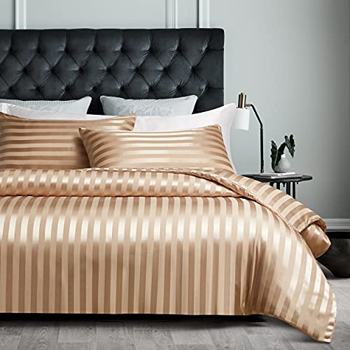 Damier Satin Bettwäsche 135x200 Beige glatt gestreift Bettbezug Set 2 teilig Luxus Glanzsatin Deckenbezug mit Reißverschluss und 1 Kissenbezug 80x80 von Damier