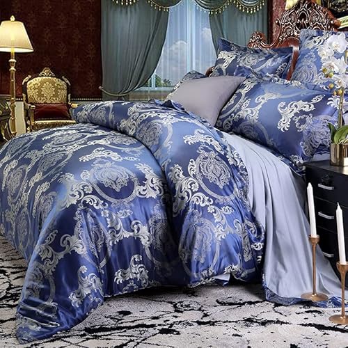 Damier Bettwäsche 135x200 Gold Blau Satin Bettbezug Barock Muster Bettwäsche Set Luxus Deckenbezug mit Reißverschlus, 135 x 200 cm + 80 x 80 cm von Damier