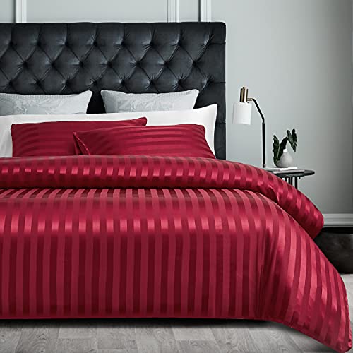 Damier Bettwäsche 135x200cm Rot Satin gestreift Bettbezug Set Seidig glänzend hochwertiges Satin Bettbezug mit verdecktem Reißverschluss und Kissenbezug 80 × 80 cm, Weinrot von Damier