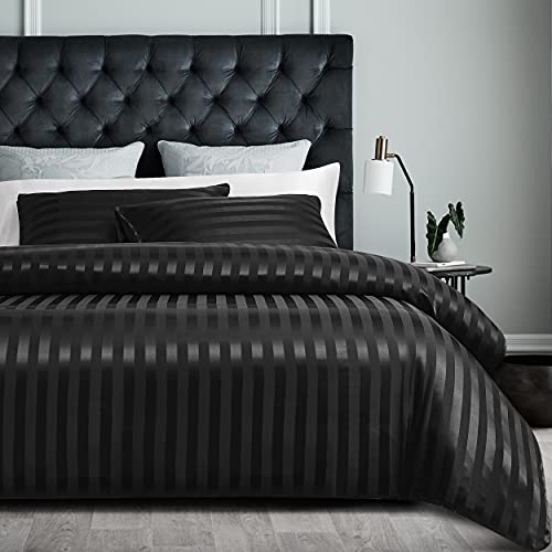 Damier Bettwäsche 135x200cm Schwarz Satin gestreift Bettbezug Set Seidig glänzend hochwertiges Glanzsatin Bettbezug mit verdecktem Reißverschluss und Kissenbezug 80 × 80 cm von Damier
