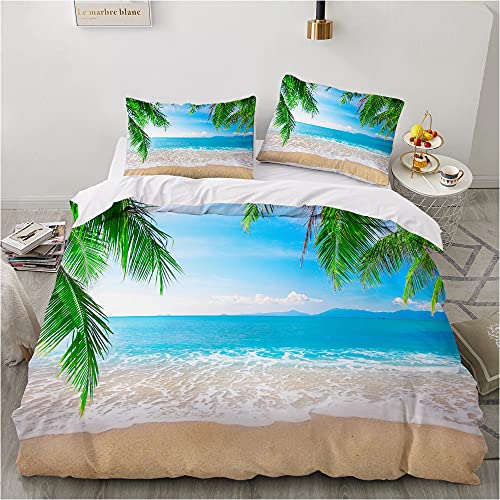 Damier Bettwäsche 135x200 Strand Meer 3D Bettbezug Set Grün Blau Beach Bettwäsche Weich Mikrofaser Bettwäsche 2teilig für Teenager Geschenke Jungen Mädchen mit Reißverschluss und 80x80 cm Kissenbezug von Damier