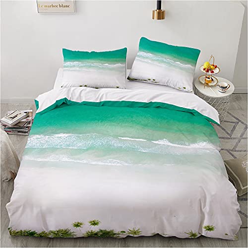 Damier Bettwäsche 135x200 Strand Meer Bettbezug Set 3D Grün Weiß Beach Bettwäsche Weich Mikrofaser Bettwäsche 2teilig für Teenager Geschenke Jungen Mädchen mit Reißverschluss und 80x80 cm Kissenbezug von Damier