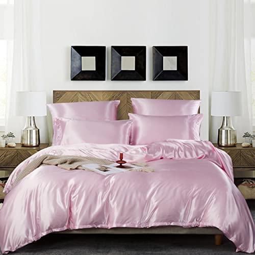 Damier Bettwäsche 135x200cm Rosa Satin Bettbezug Set Glatt Glänzend Hochwertiges Satin Deluxe Deckenbezug mit Reißverschluss und Kissenbezug 80 × 80 cm von Damier