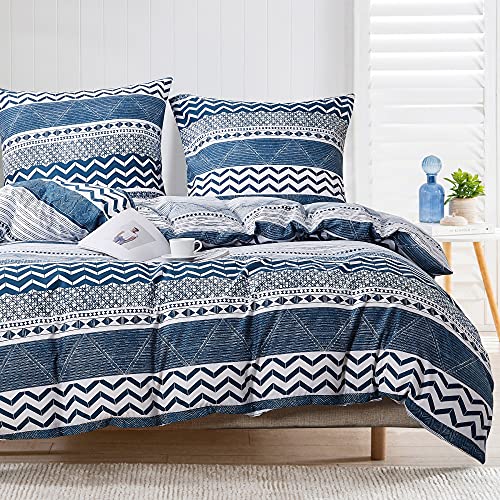 Damier Bettwäsche 155x220cm Blau Weiß Geometrisch Muster Bettbezug Set 2 Teilig Weiche Microfaser Streifen Wendebettwäsche Deckenbezug Mit Reißverschluss - 155 x 220 + 80 x 80 cm von Damier