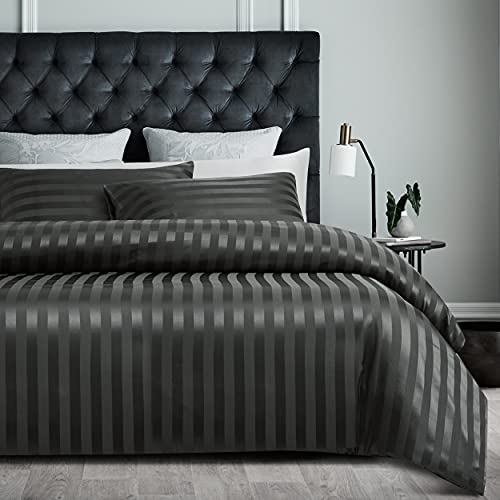 Damier Bettwäsche 200x200cm Satin Grau gestreift Bettwäsche Set 3-teilig hochwertiges Uni einfarbig Seidig glänzend Bettbezug mit verdecktem Reißverschluss und 2 Kissenbezüge 80 × 80 cm, 200 x 200 cm von Damier