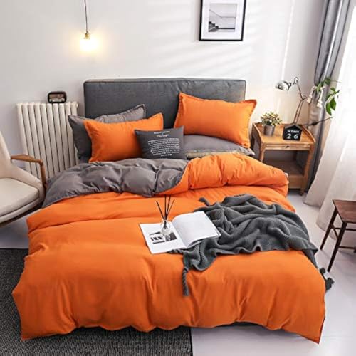 Damier Bettwäsche 200×220cm Orange Grau Wendebettwäsche Set 3 Teilig Weiche Microfaser Bettbezug Doppelbett mit Reißverschluss und 2 Kopfkissenbezüge 80 × 80 cm von Damier