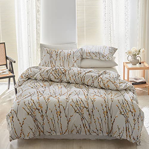 Damier Bettwäsche 220x240 Weiß Gelb Blumenmotiv Weich Kuschelige Bettbezug Set Pflaumenblüte Blüten Mikrofaser 3 Teilig Mit Reißverschluss und 2 Kissenbezüge 80x80 cm von Damier