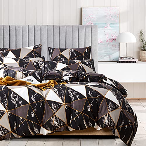 Damier Bettwäsche Marmor 135x200cm Schwarz Weiß Gold Modern Geometrisch Kariert Dreiecke Muster Wendebettwäsche Set 2 Teilig Weiche Mikrofaser Bettbezug mit Reißverschluss und Kopfkissenbezug 80 x 80 von Tabibito