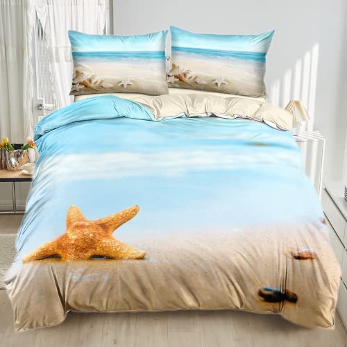 Damier Bettwäsche Meer Strand 155x220cm Bettwäsche-Set 3 teilig Weiche Mikrofaser 3D-Digitaldruck Bettbezug mit Reißverschluss und 1 Kissenbezüge 80 x 80 cm von Damier