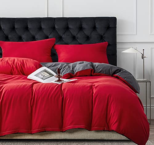 Damier Bettwäsche 155x220cm Rot Grau Wendebettwäsche Set Superweiches Microfaser Uni Unifarbrn Bettbezug mit Reißverschluss und 1 Kissenbezug 80 x 80 cm von Tabibito