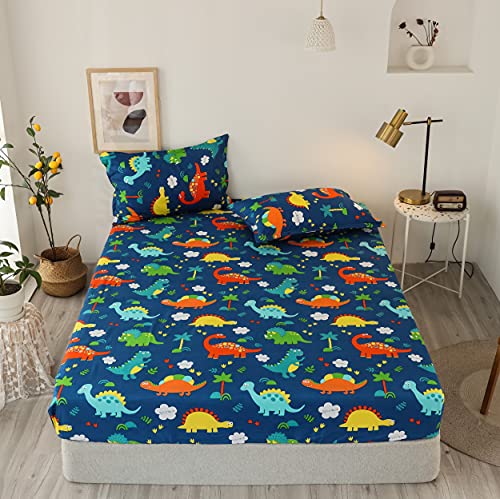 Damier Kinder Spannbettlaken 100x200cm Dinosaurier Muster Spannbetttuch mit Gummizug Jungen Kids Dino Bettlaken geeignet für Matratzen bis 30cm von Damier