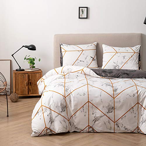 Damier Marmor Bettwäsche 135x200cm Gold Weiß Grau Modern Geometrisch Muster Bettbezug Set 2 Teilig Weiche Mikrofaser Deckenbezug mit Reißverschluss - 135x200cm + 80x80cm von Damier
