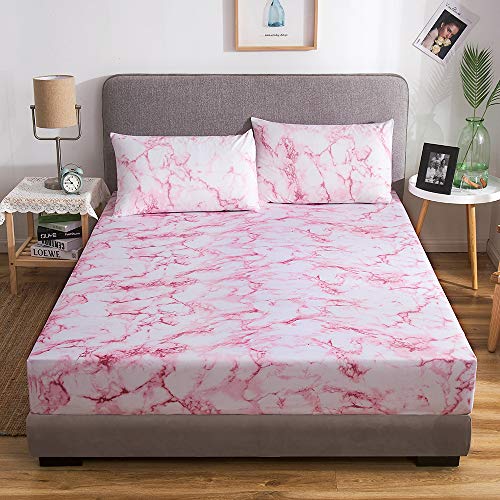 Damier Marmor Spannbettlaken 160x200cm Rosa Weiß Marmor Muster Spannbetttuch Weiche Mikrofaser Boxspringbett Bettlaken geeignet für Matratzen von 30cm von Damier