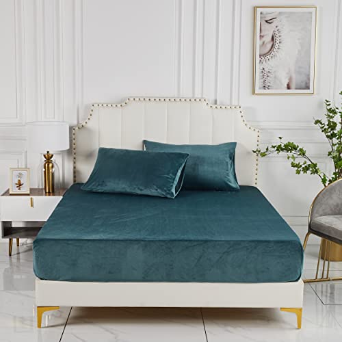 Damier Plüsch Spannbettlaken 140x200cm Petrol Blau Winter Spannbetttuch Flauschig und Warmes Flanell Bettlaken geeignet für Matratzen bis 30cm von Damier