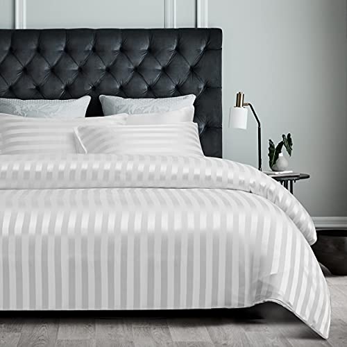 Damier Satin Bettwäsche 135x200cm Weiß Glanzsatin gestreift Bettbezug Set 4-teilig Uni einfarbig Luxus Seidig glänzend Deckenbezug mit verdecktem Reißverschluss und 2 Kissenbezüge 80 × 80 cm von Damier