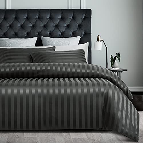 Damier Satin Bettwäsche 155x220cm Grau glänzend gestreift Bettwäsche Set hochwertiges Seidig glatt Luxus Bettbezug mit verdecktem Reißverschluss - 155 × 220 cm + 80 × 80 cm von Damier