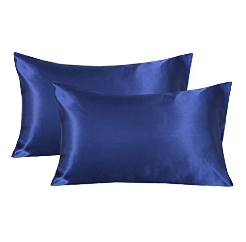 Damier Satin Kissenbezug 40x80cm Blau Seidig Glänzend Kopfkissenbezug mit Umschlag Luxus Satin Kissenhülle für Haar und Haut 2er-Pack von Damier